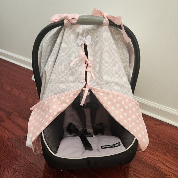 Unique Handmade Car Seat Canopy Cover Elephants Grey Pink Girls Ties OS - Picture 2 of 5
